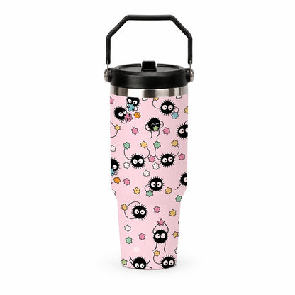 Cute Japanese Cartoon Sprite 30oz Stainless Steel Travel Cup with Handle and Straw, Kawaii Star Candy Pattern Coffee Tumbler for Office, School and Road Trips, Cup Holder Friendly Daily Water Drinkware for Car