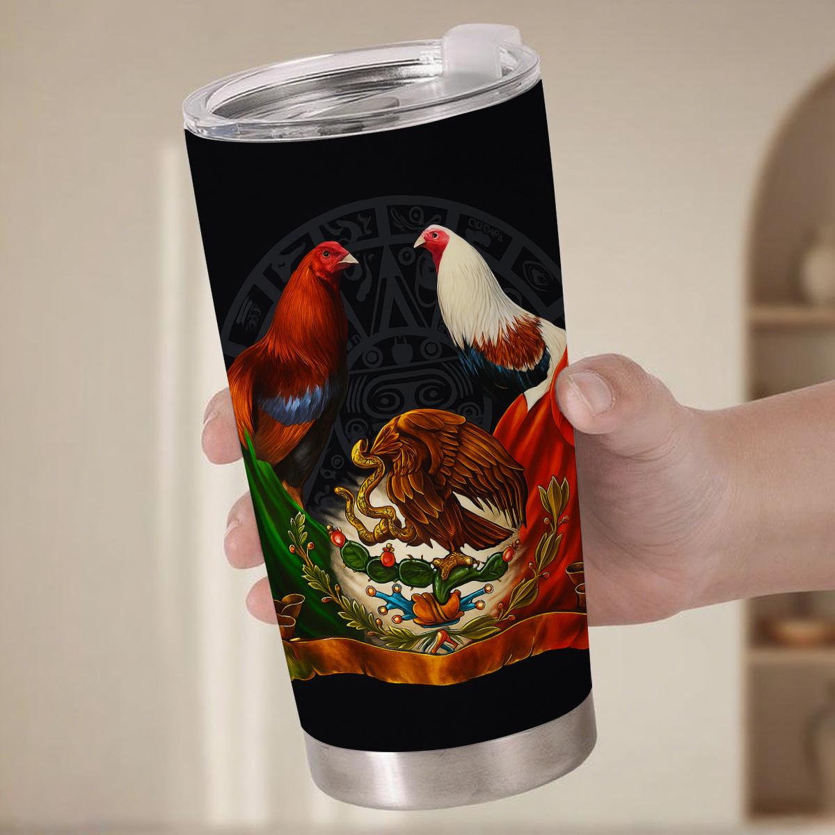 20oz Stainless Steel Mexican Heritage Rooster Tumbler - Mexico Flag Emblem Portable Insulation Flask, Coffee Bottle Gift for Dad, Men's Birthday Travel Drinkware, Flasks