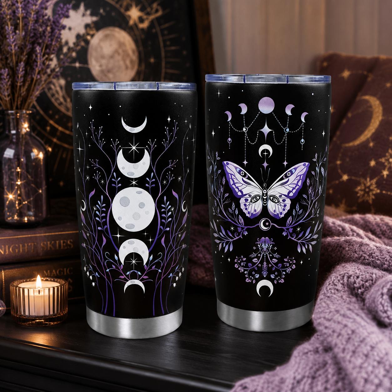Gothic Butterfly 20oz Stainless Steel Insulated Tumbler with Lid, Purple Moon Phase Celestial Printed Travel Coffee Mug, Halloween Gift for Women Goth Lovers