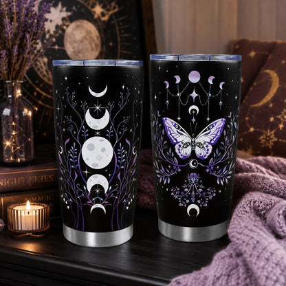 Gothic Butterfly 20oz Stainless Steel Insulated Tumbler with Lid, Purple Moon Phase Celestial Printed Travel Coffee Mug, Halloween Gift for Women Goth Lovers