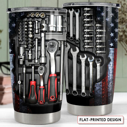 Mechanic Tool Box artwork on 20oz insulated tumbler, front and back product view