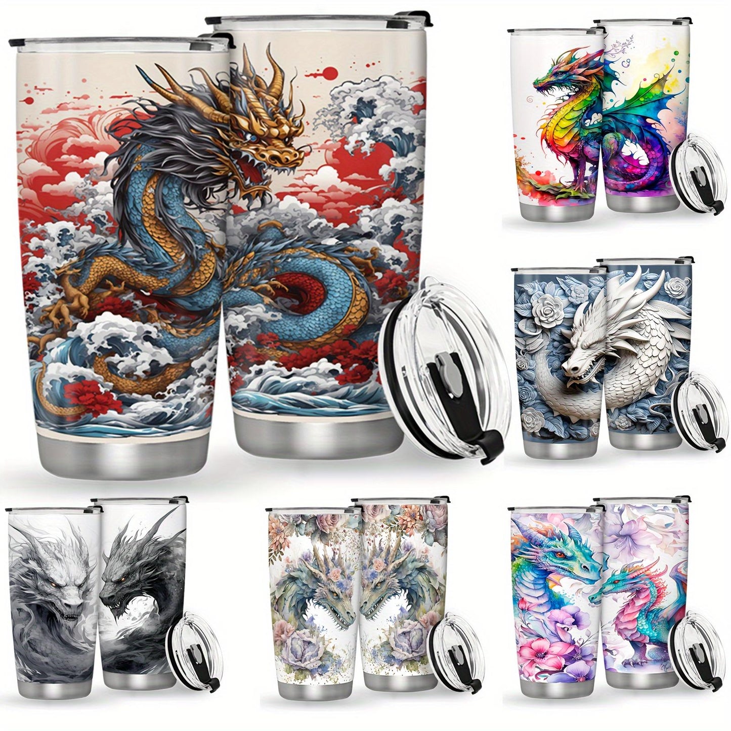 20oz Stainless Steel Vacuum Insulated Flask - Leak Proof, BPA Free, Portable Travel Coffee Mug for Climbing, Iced Tea Compatible, Machine Washable Fantasy Dragon Themed Cup for Holiday Gifts, Flasks