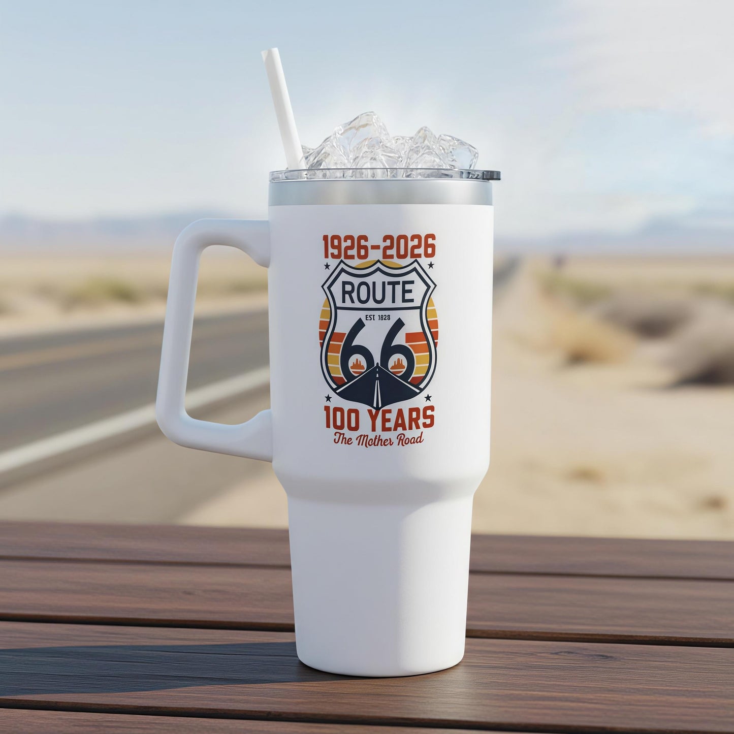 Route 66 1926-2026 100-Year Centennial Aesthetic Stainless Steel Flask, 40oz Reusable Tumbler with Handle, Vintage Shield Lid & Straw, Retro Drinkware for Road Trip Lovers
