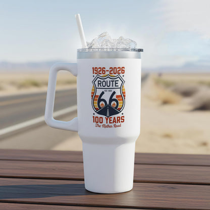 Route 66 1926-2026 100-Year Centennial Aesthetic Stainless Steel Flask, 40oz Reusable Tumbler with Handle, Vintage Shield Lid & Straw, Retro Drinkware for Road Trip Lovers
