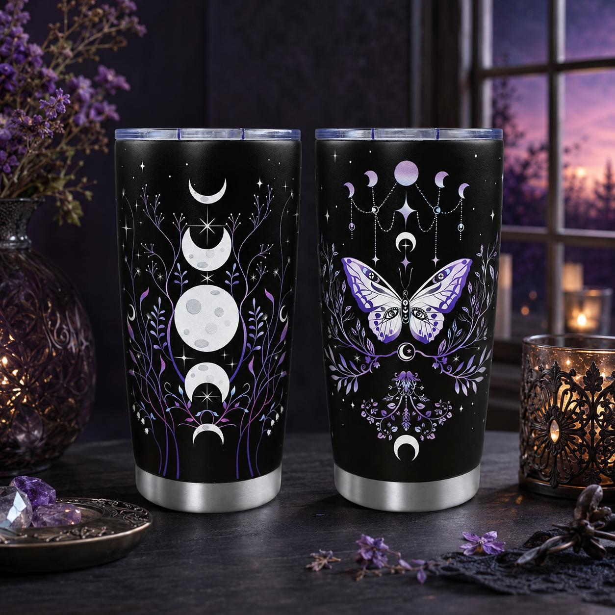 Gothic Butterfly 20oz Stainless Steel Insulated Tumbler with Lid, Purple Moon Phase Celestial Printed Travel Coffee Mug, Halloween Gift for Women Goth Lovers