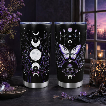 Gothic Butterfly 20oz Stainless Steel Insulated Tumbler with Lid, Purple Moon Phase Celestial Printed Travel Coffee Mug, Halloween Gift for Women Goth Lovers