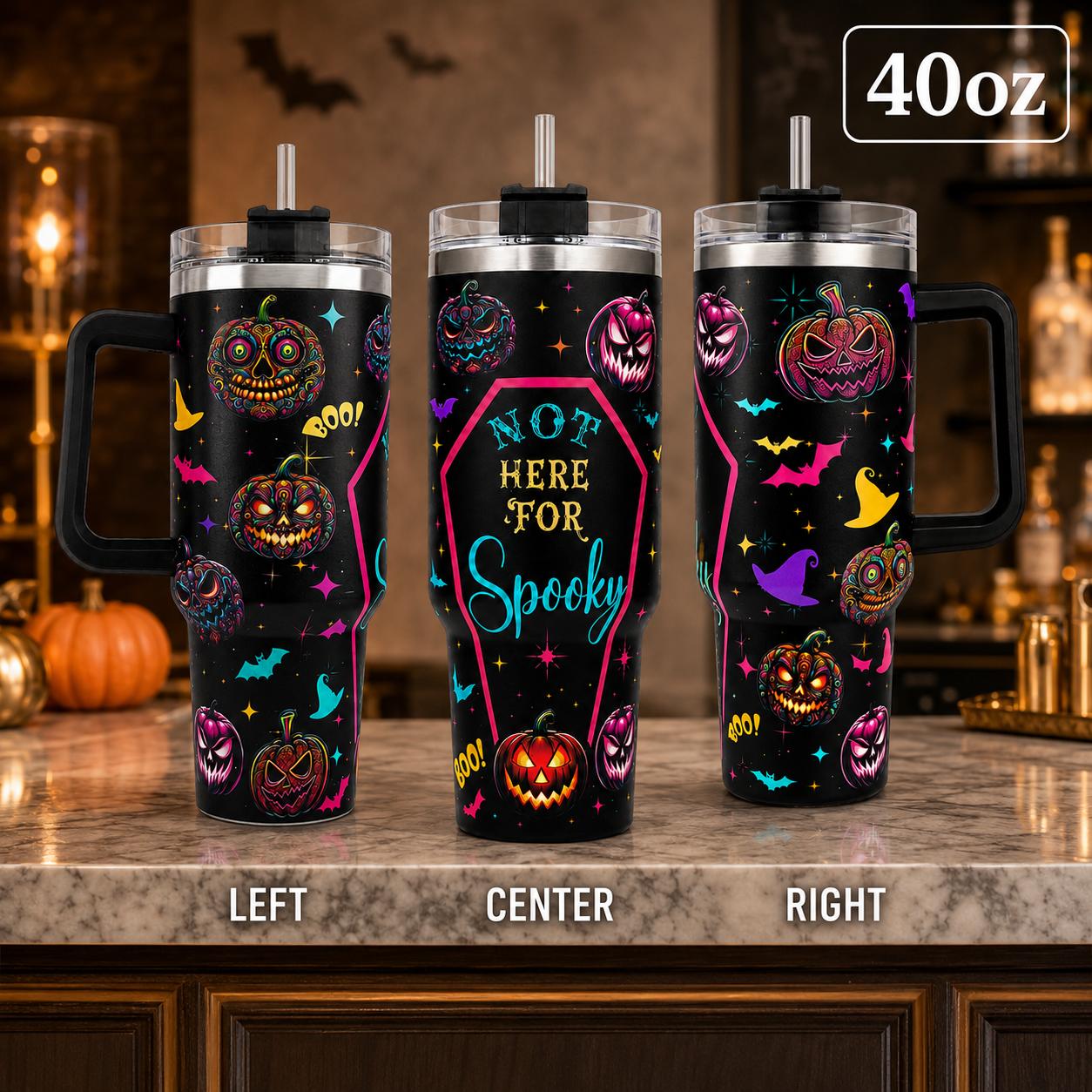 40oz Stainless Steel Insulated Halloween Pumpkin Tumbler with Handle, Straw, Lid, Aesthetic Spooky Bat Witch Hat Prints - Coffee Flask with Strong Insulation, Halloween Gift for Women