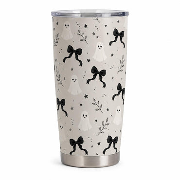 Stylish Aesthetic Polka Dot 20oz Stainless Steel Insulated Flask Tumbler with Lid, Black Bow Halloween Travel Coffee Mug, Leakproof Hot-Cold Drinkware Gift for Women, Flasks