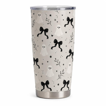 Stylish Aesthetic Polka Dot 20oz Stainless Steel Insulated Flask Tumbler with Lid, Black Bow Halloween Travel Coffee Mug, Leakproof Hot-Cold Drinkware Gift for Women, Flasks