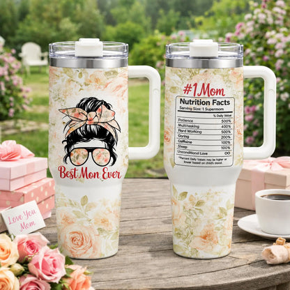 Best Mom Ever 40oz Stainless Steel Insulated Tumbler with Handle and Straw, # 1 Mom Nutrition Facts Floral Printed Travel Cup, Mother’s Day Gift