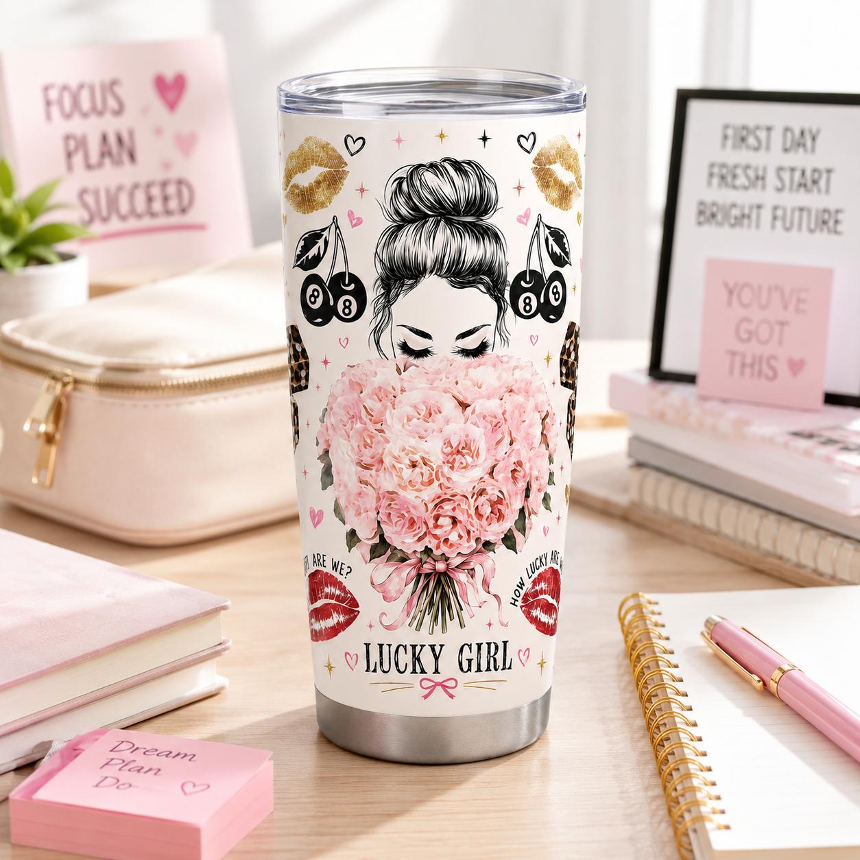 Stylish Portable Stainless Steel Insulated Tumbler Flasks (20oz, 40oz) with Lid, Pink Floral Leopard Lips & Lucky Charm Print, Travel Coffee Mug Gift for Women