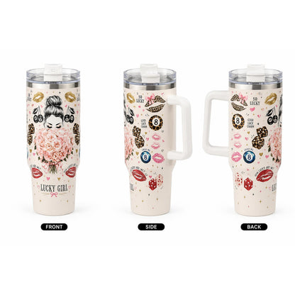 Aesthetic 40oz Stainless Steel Insulated Vacuum Flask - Lucky Girl Portable Coffee Bottle with Handle, Straw, Leopard Lips, Dice, 8-Ball, Cherry 2D Prints, Gift for Women, Flasks