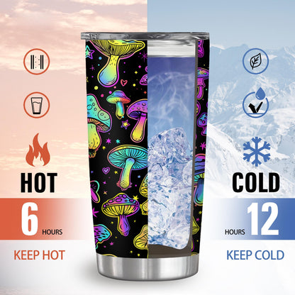 20oz Stainless Steel Tumbler with Lid - BPA-Free, Fluorescent Mushroom Pattern, Double-Wall Insulated, Leak-Proof, Machine-Washable Reusable Flask for Iced Tea, Coffee, Bottled Water; Ideal for Halloween, Valentine's Day Gifts, Flasks, Portable