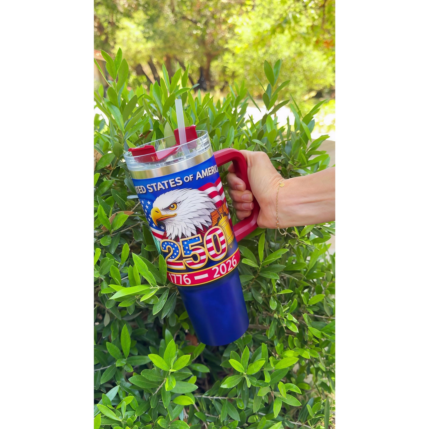 United States of America 250 Years 1776-2026 Patriotic 40oz Tumbler with Handle, Liberty Bell American Eagle Water Cup for 4th of July, Cup Holder Friendly Travel Cup