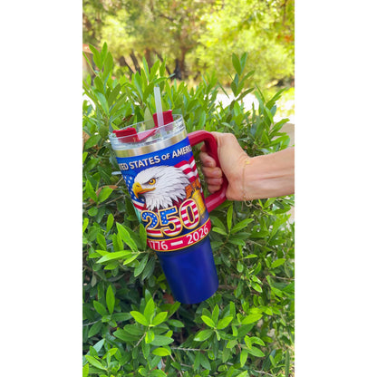 United States of America 250 Years 1776-2026 Patriotic 40oz Tumbler with Handle, Liberty Bell American Eagle Water Cup for 4th of July, Cup Holder Friendly Travel Cup