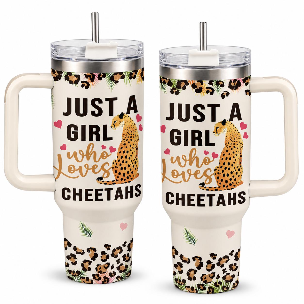 Cheetah Lover 40oz Stainless Steel Insulated Tumbler with Handle and Straw, Leopard Print Heart Tropical Leaf Printed Travel Cup, Gift for Women