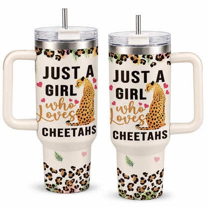 Cheetah Lover 40oz Stainless Steel Insulated Tumbler with Handle and Straw, Leopard Print Heart Tropical Leaf Printed Travel Cup, Gift for Women