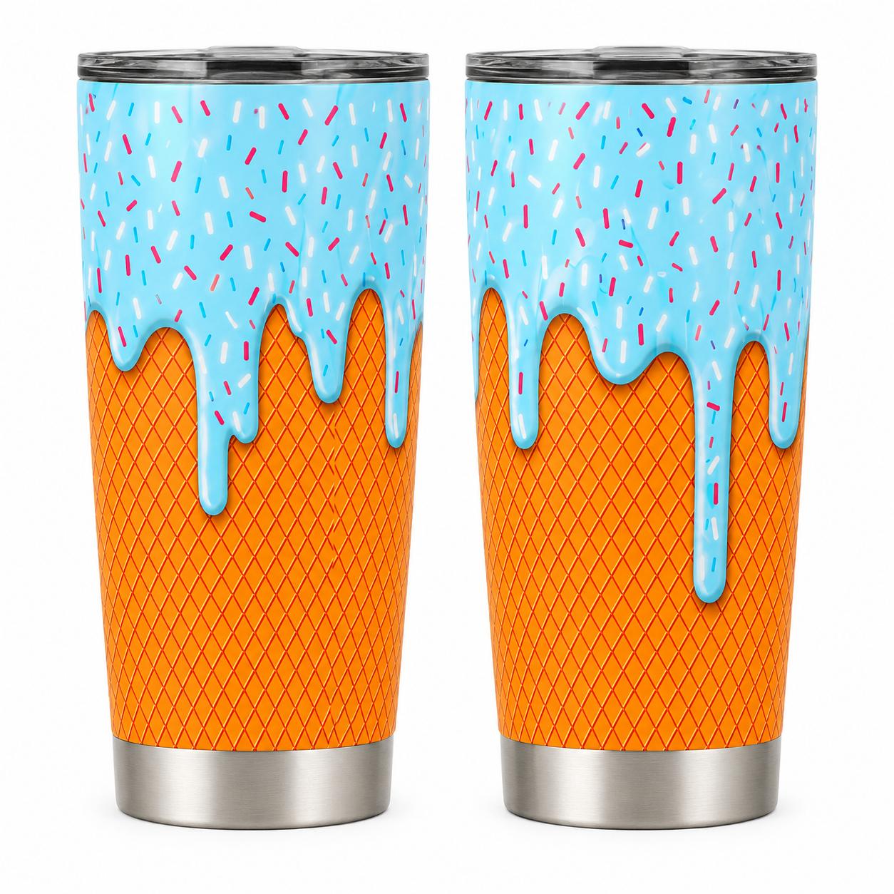 20oz Stainless Steel Insulated Ice Cream Cone 2D Printed Flask with Lid, Stylish Portable Cute Blue Frosting Sprinkle Leakproof Travel Mug, Hot-Cold Drinkware Gift for Women, Flasks