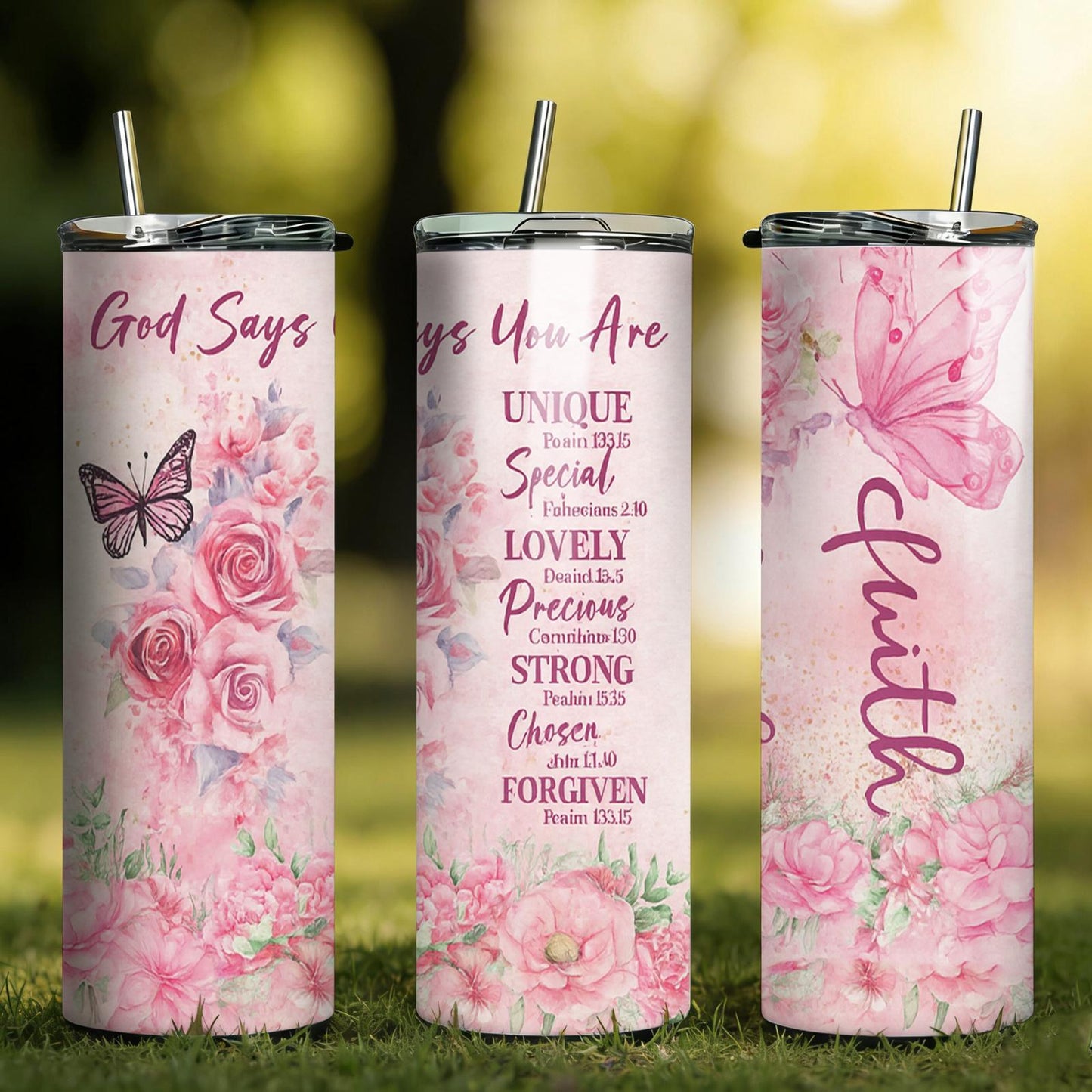 Christian Faith 20oz Skinny Tumbler with Straw, Pink Floral Scripture Stainless Steel Insulated Cup, God Says You Are Gift for Women