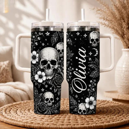 Women's Gothic Floral Skull 40oz Stainless Steel Insulated Flask - Aesthetic Coffee Bottle with Handle, Straw, Black-White Rose Moon Print, Halloween Gift
