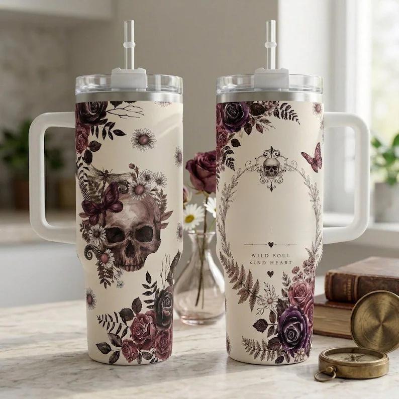 Women's Gothic Floral Skull 40oz Stainless Steel Insulated Flask Tumbler with Handle, Straw, Lid, Dark Rose Butterfly Print, Aesthetic Coffee Travel Cup, Halloween Gift, Flasks, Insulation