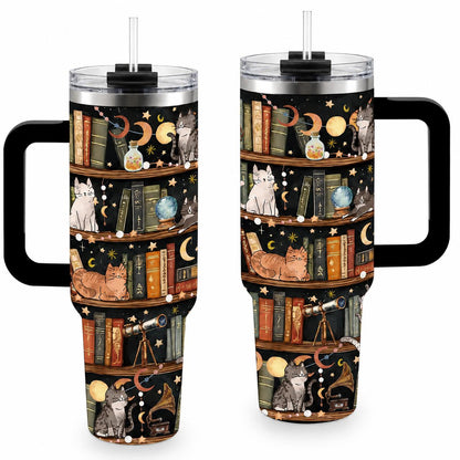 Cat Book Lover 40oz Stainless Steel Insulated Tumbler with Handle and Straw, Magical Bookshelf Moon Star Printed Travel Cup, Gift for Readers
