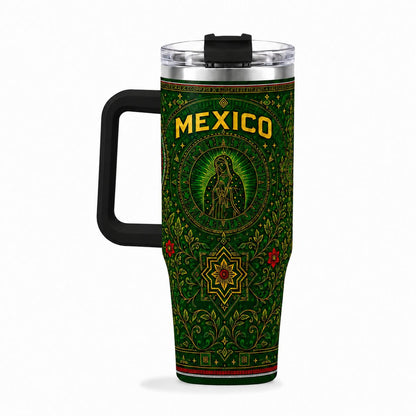 Mexico 40oz Stainless Steel Tumbler with Handle, Green Mexican Religious Art Insulated Travel Mug with Lid and Straw, Virgen Style Cultural Gift Cup for Cold Drinks