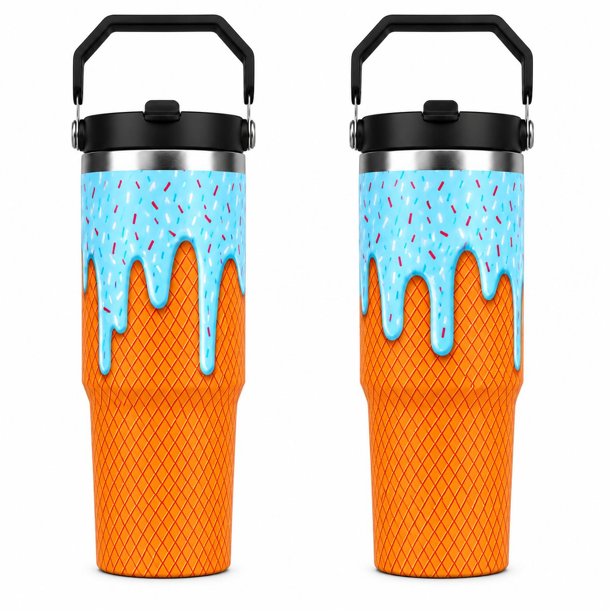 30oz Stainless Steel Insulated Ice Cream Cone Tumbler with Handle and Lid, Colorful Dripping Frosting-Sprinkle Print Flasks, Cute Summer Kitchenware Drinkware Gift for Travel Coffee Use, Straw