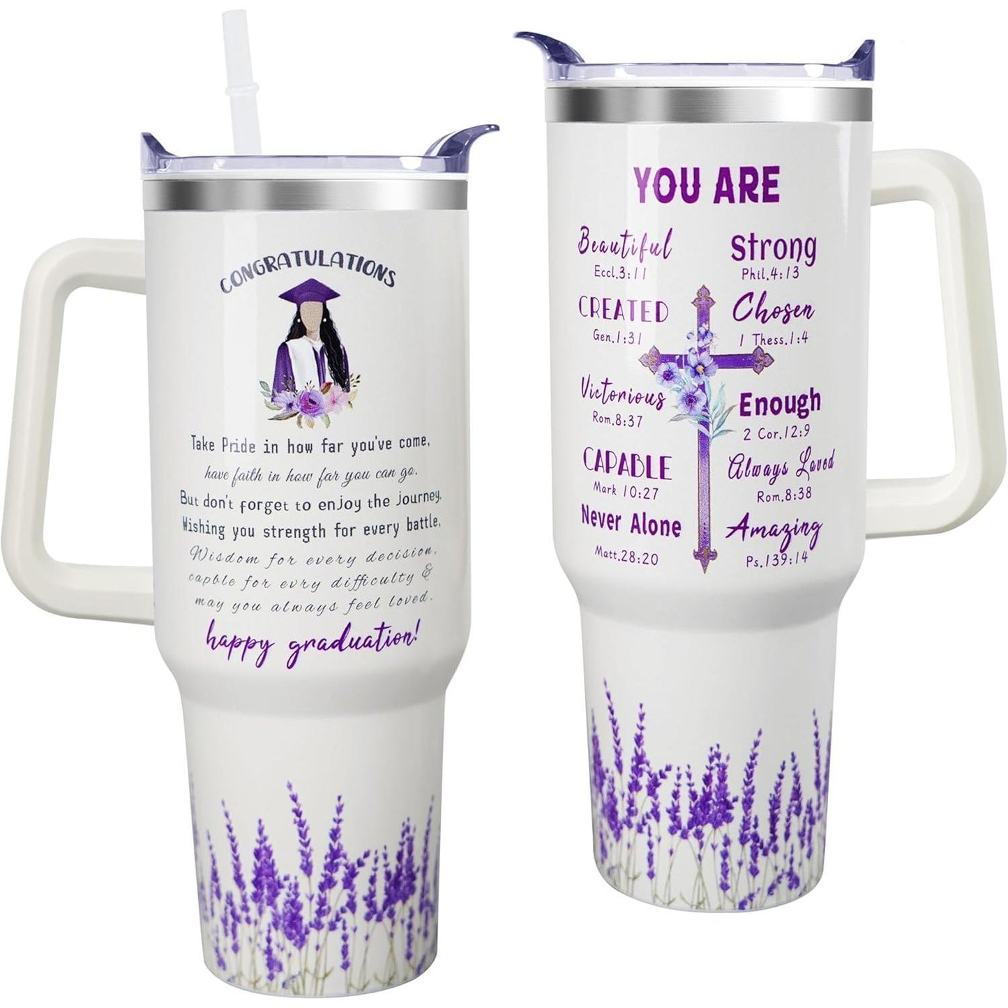 Christian Graduation 40oz Vacuum Flask Water Bottle with Handle, Straw, Insulation & Lid - Inspirational Encouragement Quote Gift for Women for Iced Coffee, Daily Hydration, Flasks, Water Bottles
