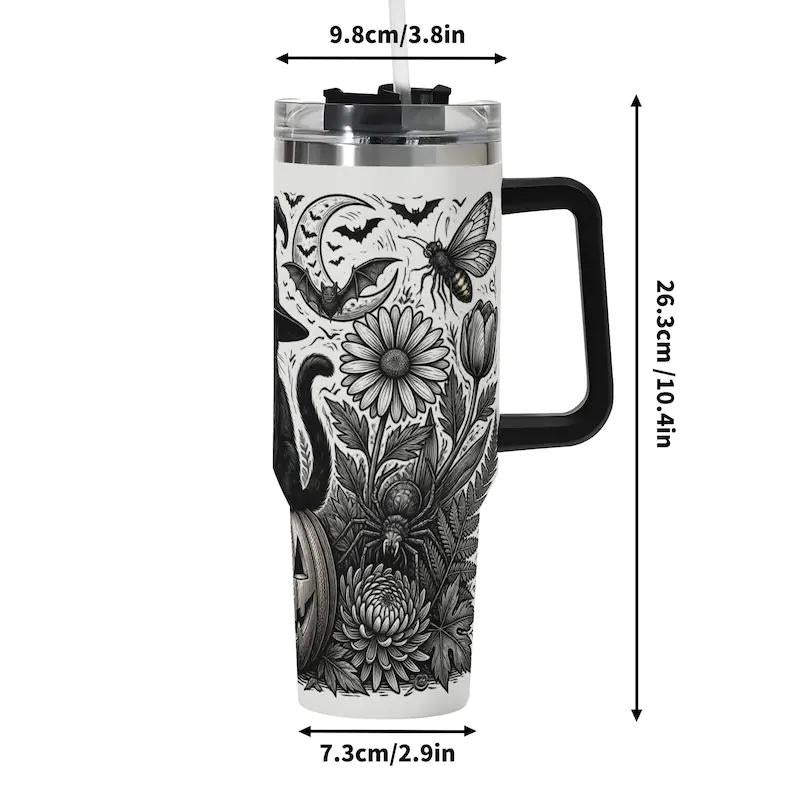 40oz Insulated Witchy Black Cat Stainless Steel Flask with Handle and Straw, Halloween Ghost-Pumpkin Floral Gothic Spooky Travel Coffee Mug, Flasks