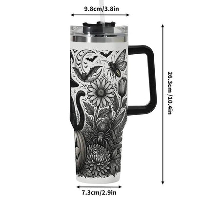 40oz Insulated Witchy Black Cat Stainless Steel Flask with Handle and Straw, Halloween Ghost-Pumpkin Floral Gothic Spooky Travel Coffee Mug, Flasks