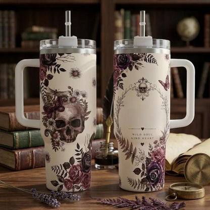Women's Gothic Floral Skull 40oz Stainless Steel Insulated Flask Tumbler with Handle, Straw, Lid, Dark Rose Butterfly Print, Aesthetic Coffee Travel Cup, Halloween Gift, Flasks, Insulation
