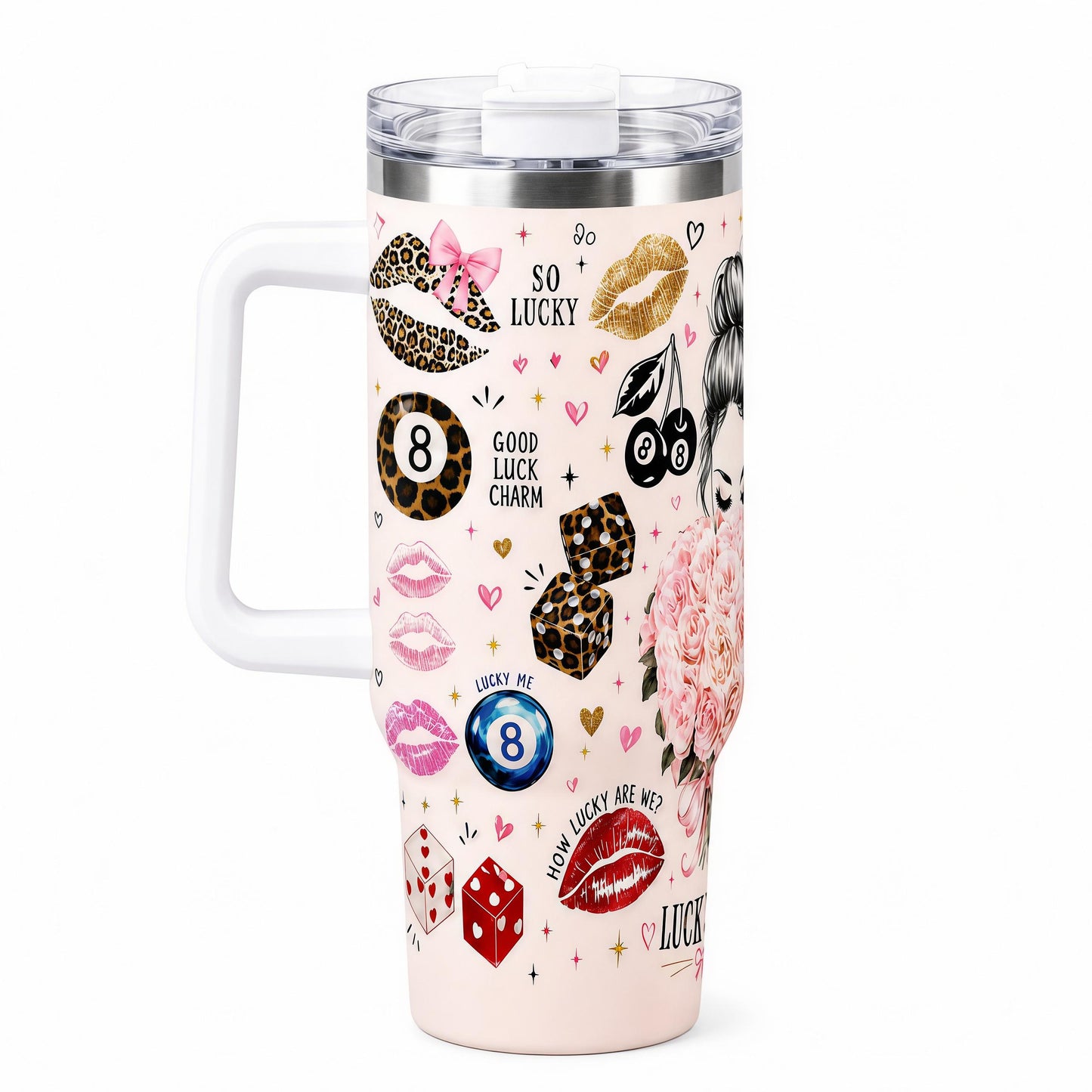 Aesthetic 40oz Stainless Steel Insulated Vacuum Flask - Lucky Girl Portable Coffee Bottle with Handle, Straw, Leopard Lips, Dice, 8-Ball, Cherry 2D Prints, Gift for Women, Flasks