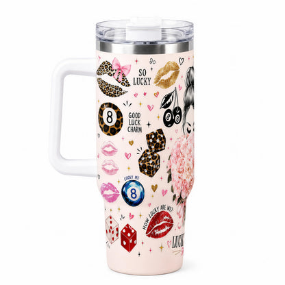 Aesthetic 40oz Stainless Steel Insulated Vacuum Flask - Lucky Girl Portable Coffee Bottle with Handle, Straw, Leopard Lips, Dice, 8-Ball, Cherry 2D Prints, Gift for Women, Flasks