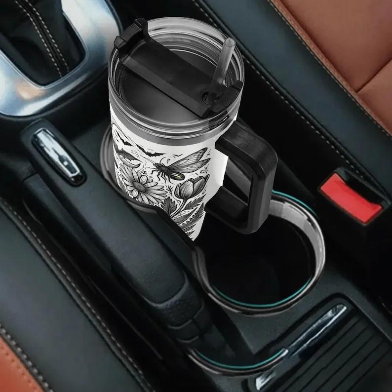 40oz Insulated Witchy Black Cat Stainless Steel Flask with Handle and Straw, Halloween Ghost-Pumpkin Floral Gothic Spooky Travel Coffee Mug, Flasks