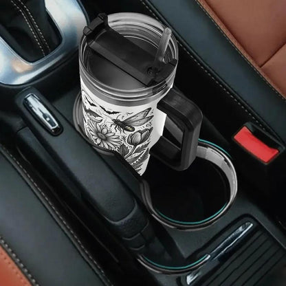 40oz Insulated Witchy Black Cat Stainless Steel Flask with Handle and Straw, Halloween Ghost-Pumpkin Floral Gothic Spooky Travel Coffee Mug, Flasks