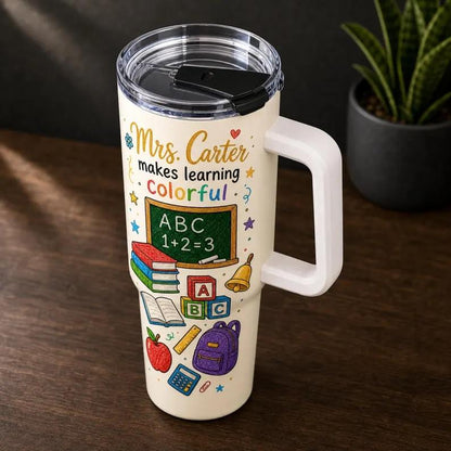 40oz Stainless Steel Insulated Flask with Handle, Straw, Lid and Rainbow Chalkboard Print - Aesthetic Coffee Drinkware, Teacher Appreciation Back to School Gift for Colorful Learning