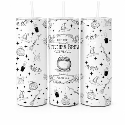 Witches Brew Coffee Co 20oz Slim Straight-Shape Double-Wall Stainless Steel Insulated Travel Tumbler with Straw, Halloween Art Witchy Cauldron Drinkware, Travel Gift for Women