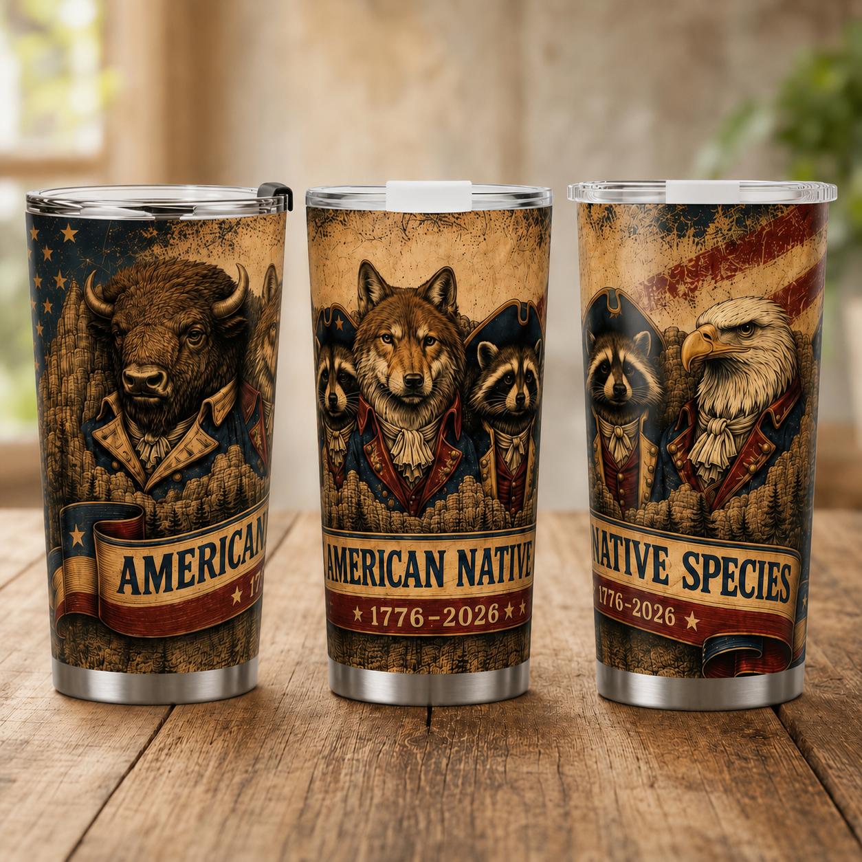 20oz Patriotic Coffee Tumbler , 4th of July Independence Day Travel Cup, 1776 to 2026 American Native Species Gift, Car Cup Holder Friendly Insulated Coffee Cup for Men and Women