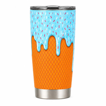 20oz Stainless Steel Insulated Ice Cream Cone 2D Printed Flask with Lid, Stylish Portable Cute Blue Frosting Sprinkle Leakproof Travel Mug, Hot-Cold Drinkware Gift for Women, Flasks