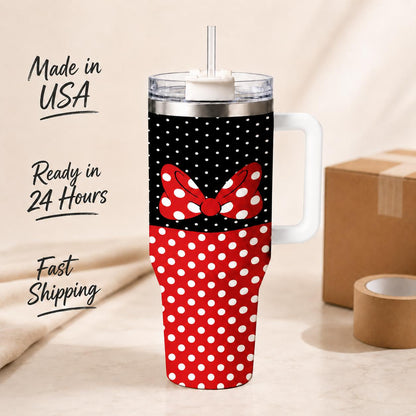 1 Pc 40oz polka dot insulated tumbler with handle and lid, red bow stainless steel vacuum cup, cute cartoon aesthetic thermal travel mug for iced coffee and water, keeps hot 12h cold 24h, trendy gift for women girls daily office use, Insulated Drinkware