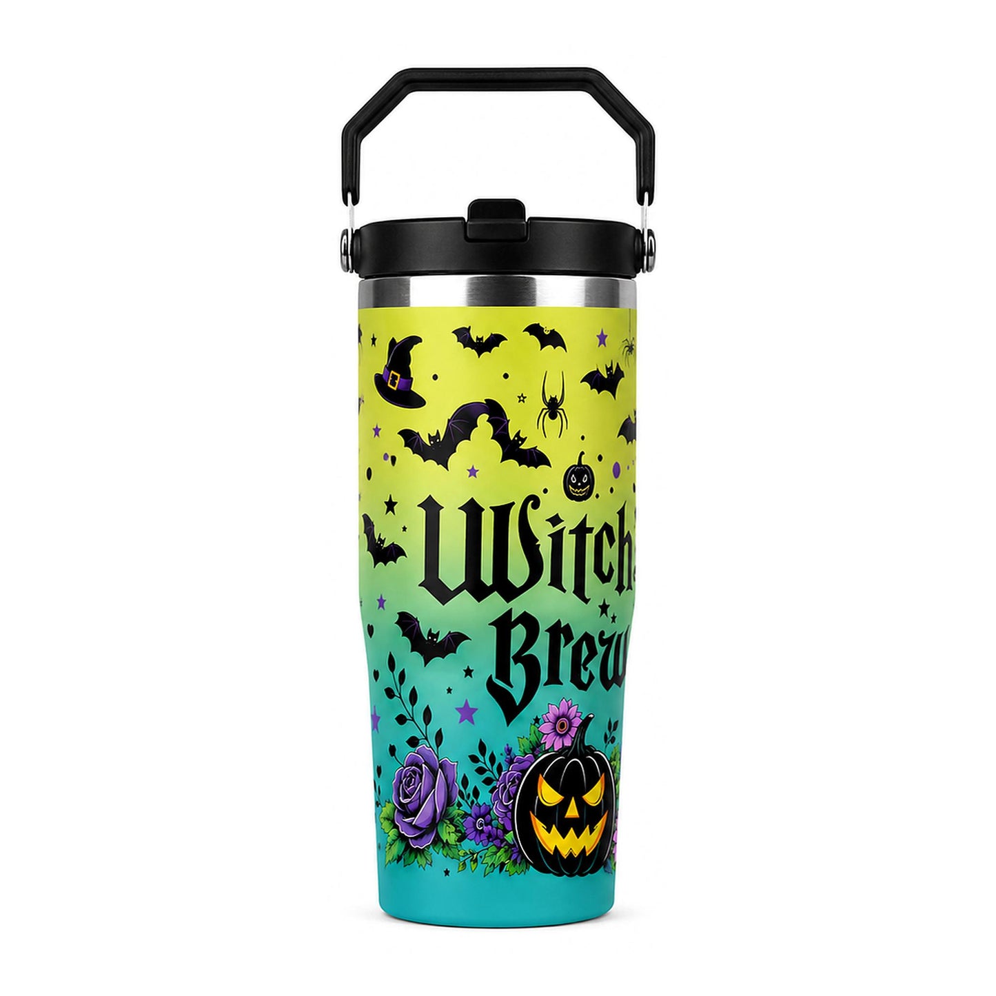 30oz Cylindrical Halloween Witch Brew Tumbler with Handle, Lid & Straw - Stainless Steel Insulated Portable Vacuum Flask, Colorful Bat Pumpkin Witch Print Coffee Cup, Spooky Season Halloween Gift for Women, Flasks, Cylindrical Tumbler, Insulated Mug
