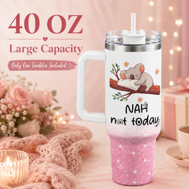Funny Koala 40oz Stainless Steel Insulated Tumbler with Handle and Straw, Nah Not Today Cute Animal Pink Printed Travel Cup, Gift for Women