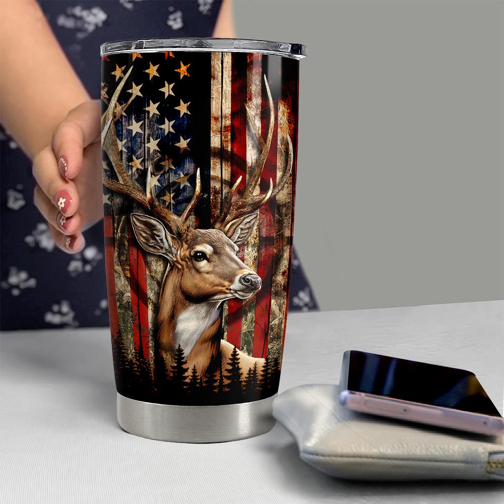 20oz Stainless Steel Lightweight Insulated Vacuum Flask Tumbler with Lid, Portable Hunting Deer Mug, Travel Coffee/Tea/Iced Tea Drinkware, Men's Father's Day Christmas Gift, Leakproof