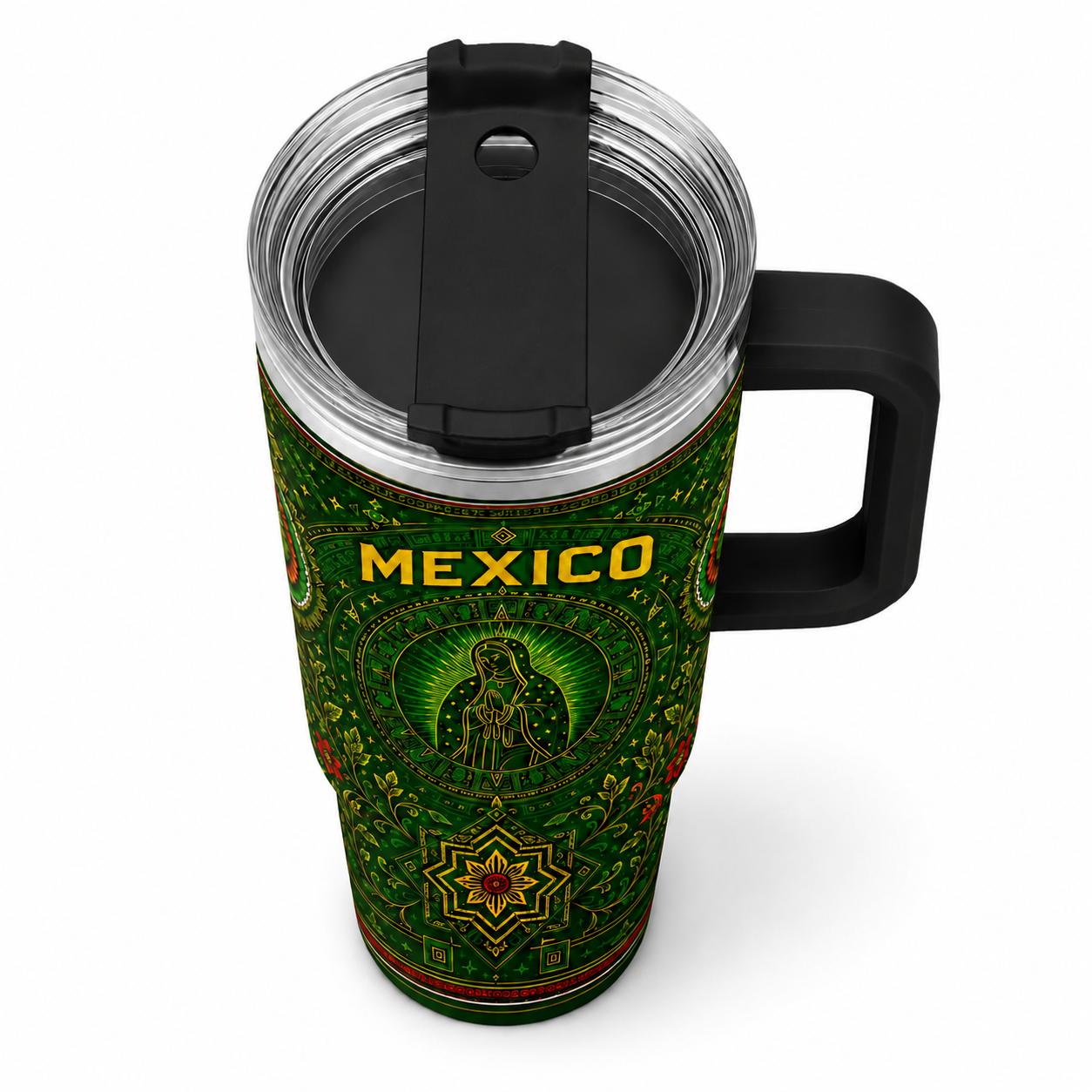 Mexico 40oz Stainless Steel Tumbler with Handle, Green Mexican Religious Art Insulated Travel Mug with Lid and Straw, Virgen Style Cultural Gift Cup for Cold Drinks