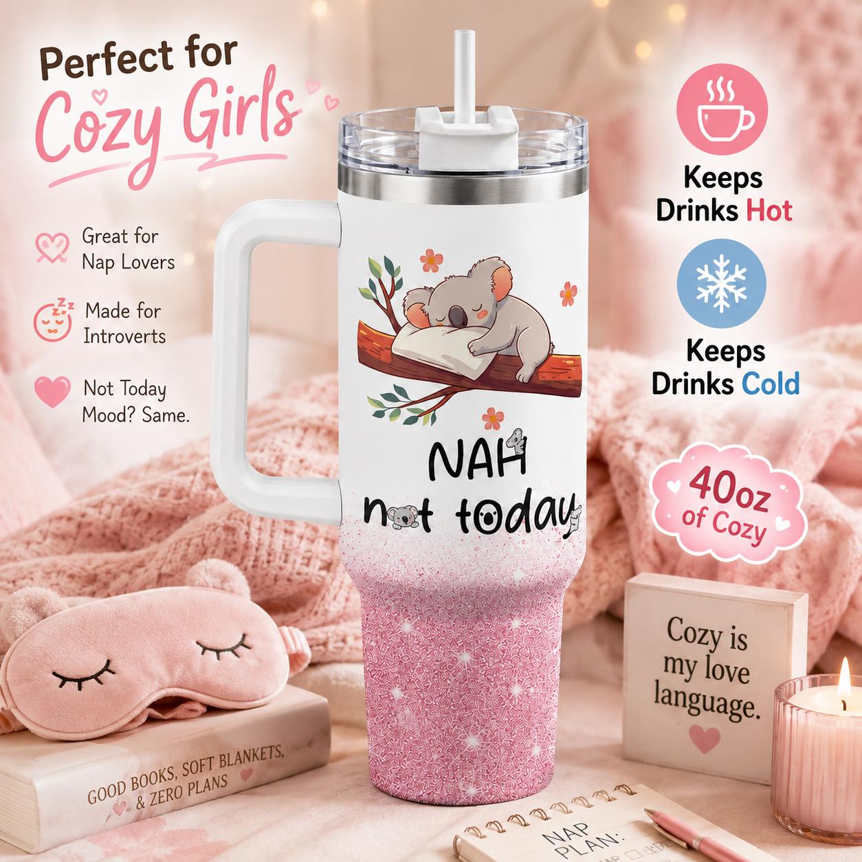 Funny Koala 40oz Stainless Steel Insulated Tumbler with Handle and Straw, Nah Not Today Cute Animal Pink Printed Travel Cup, Gift for Women