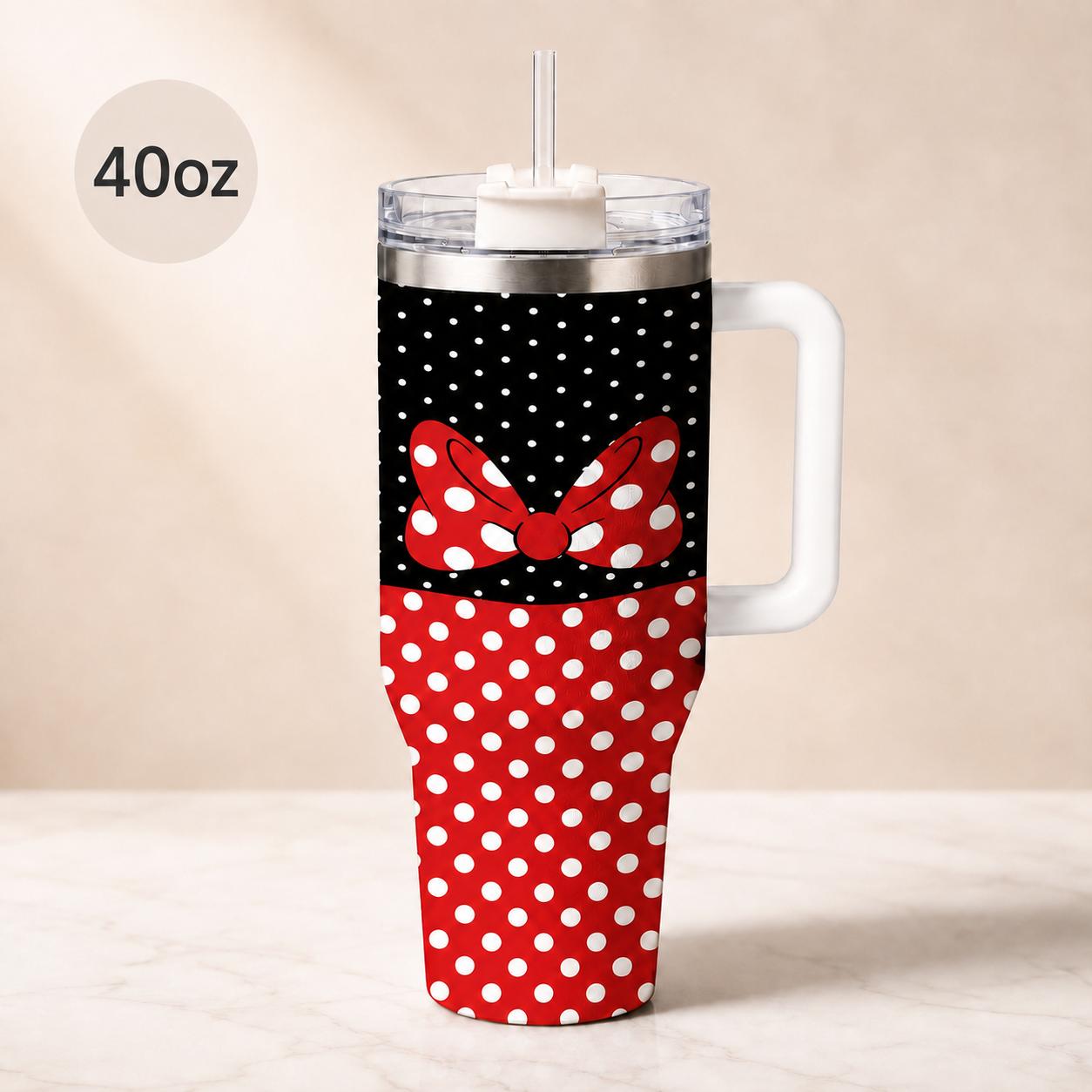1 Pc 40oz polka dot insulated tumbler with handle and lid, red bow stainless steel vacuum cup, cute cartoon aesthetic thermal travel mug for iced coffee and water, keeps hot 12h cold 24h, trendy gift for women girls daily office use, Insulated Drinkware