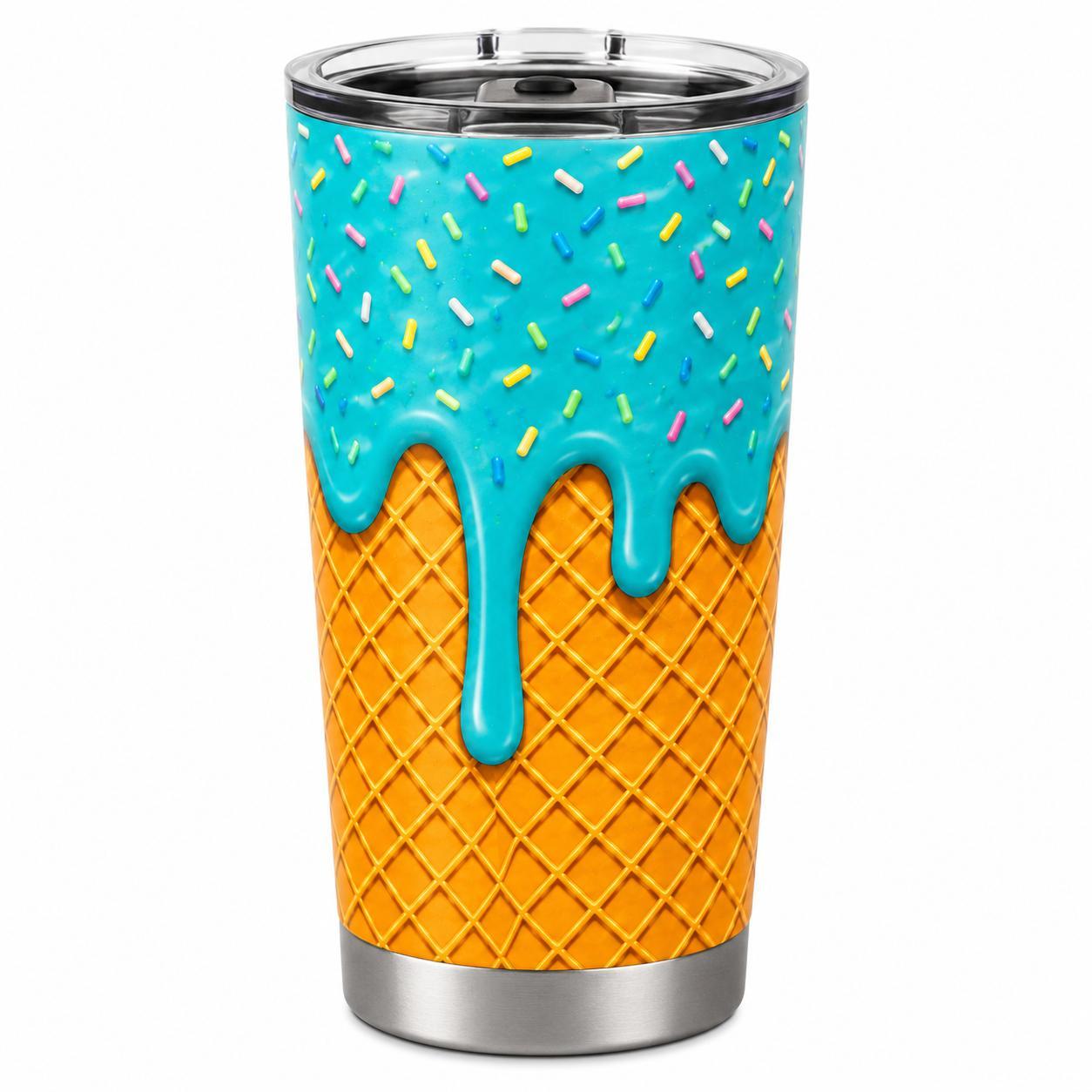 20oz Stainless Steel Insulated Ice Cream Cone 2D Printed Flask with Lid, Stylish Portable Cute Blue Frosting Sprinkle Leakproof Travel Mug, Hot-Cold Drinkware Gift for Women, Flasks