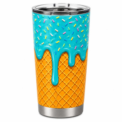 20oz Stainless Steel Insulated Ice Cream Cone 2D Printed Flask with Lid, Stylish Portable Cute Blue Frosting Sprinkle Leakproof Travel Mug, Hot-Cold Drinkware Gift for Women, Flasks