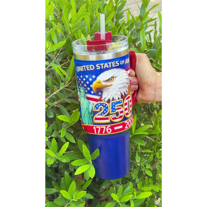 United States of America 250 Years 1776-2026 Patriotic 40oz Tumbler with Handle, Liberty Bell American Eagle Water Cup for 4th of July, Cup Holder Friendly Travel Cup